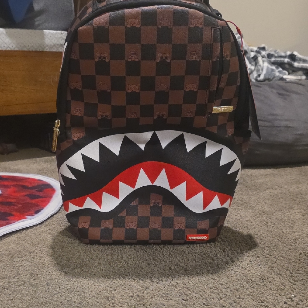 Sprayground Black and Brown Checkered Shark Backpack